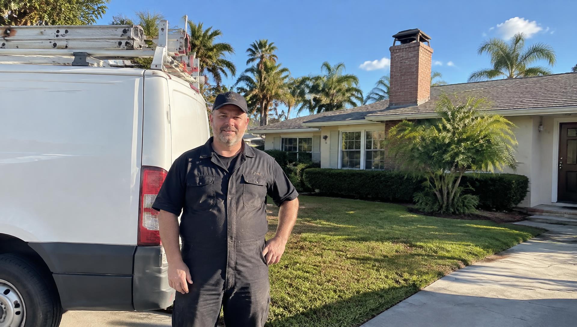 Chimney Fix Pros technician beside a service van outside a Florida home with a brick chimney