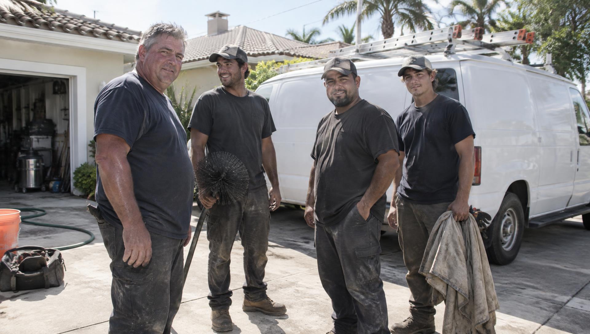 The Chimney Fix Pros team in uniform in front of their service van and a Florida home